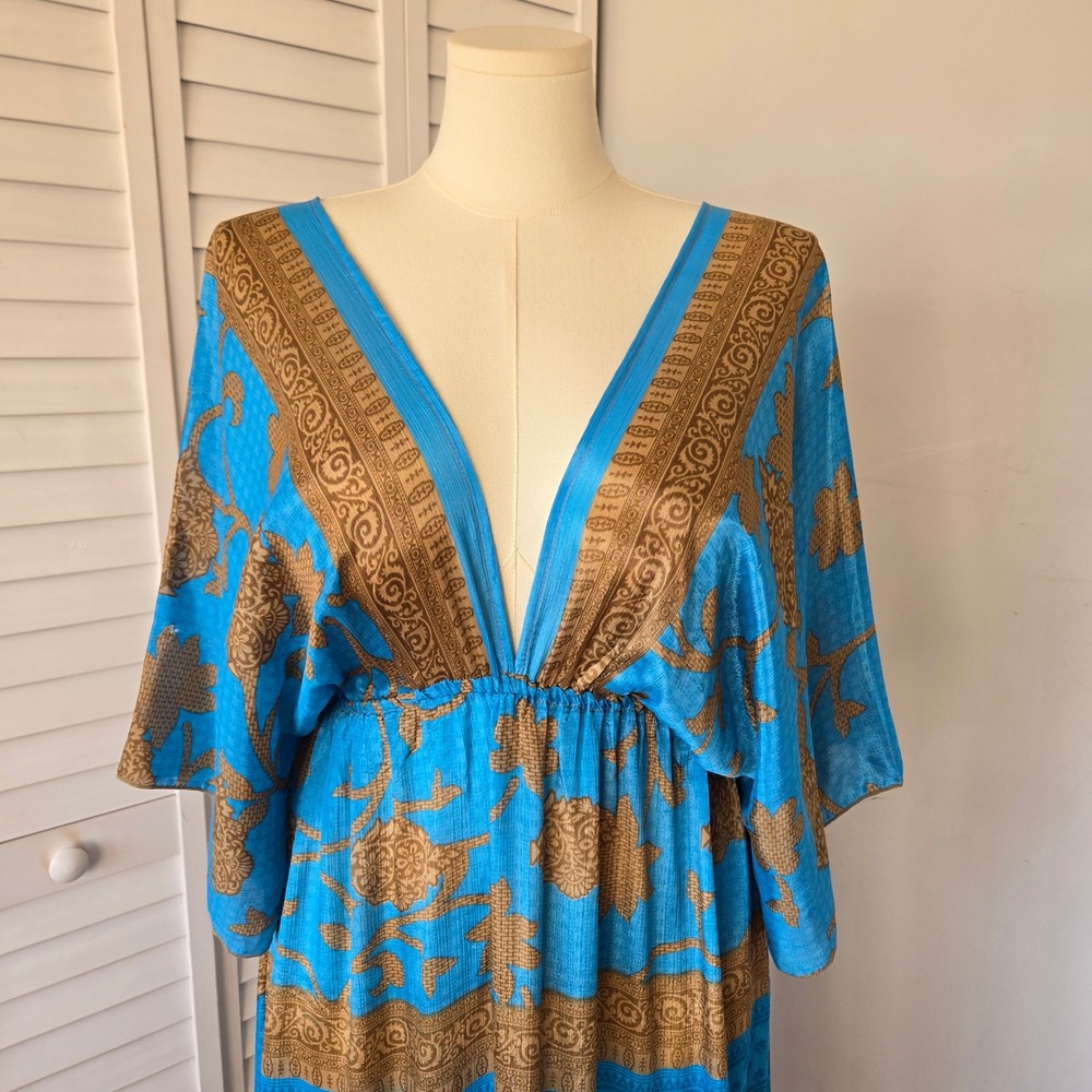 Luz Blue Tan Silk Boho Maxi Kaftan Dress OS Deep V-neck Indie Resort Luxe Hippie - Picture 3 of 9